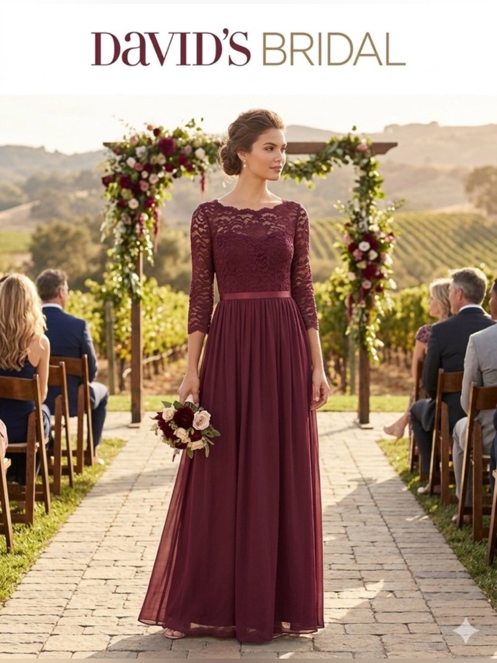 David's Bridal Burgundy Lace & Chiffon Long Sleeve Evening Gown - Picture 3 of 6